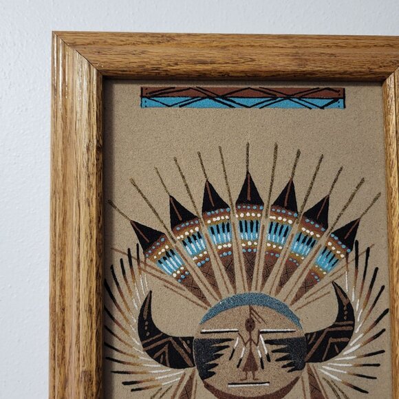 Signed Navajo Native American Sun Sand Art Wall Decor Wooden Frame 15.5" X 10" - Picture 2 of 7